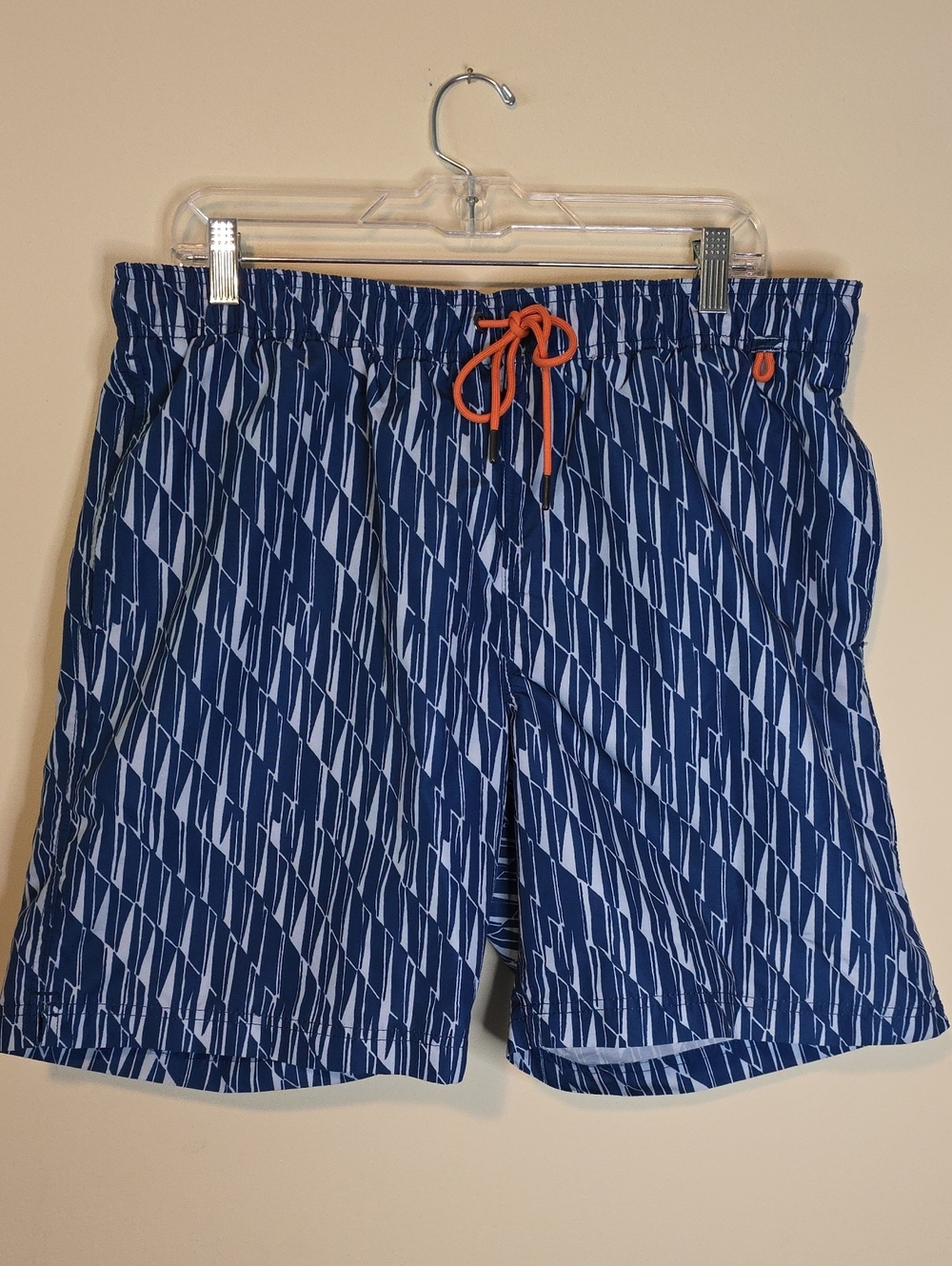 Lands' End Navy Patterned Swim Trunks with Orange Drawcord
